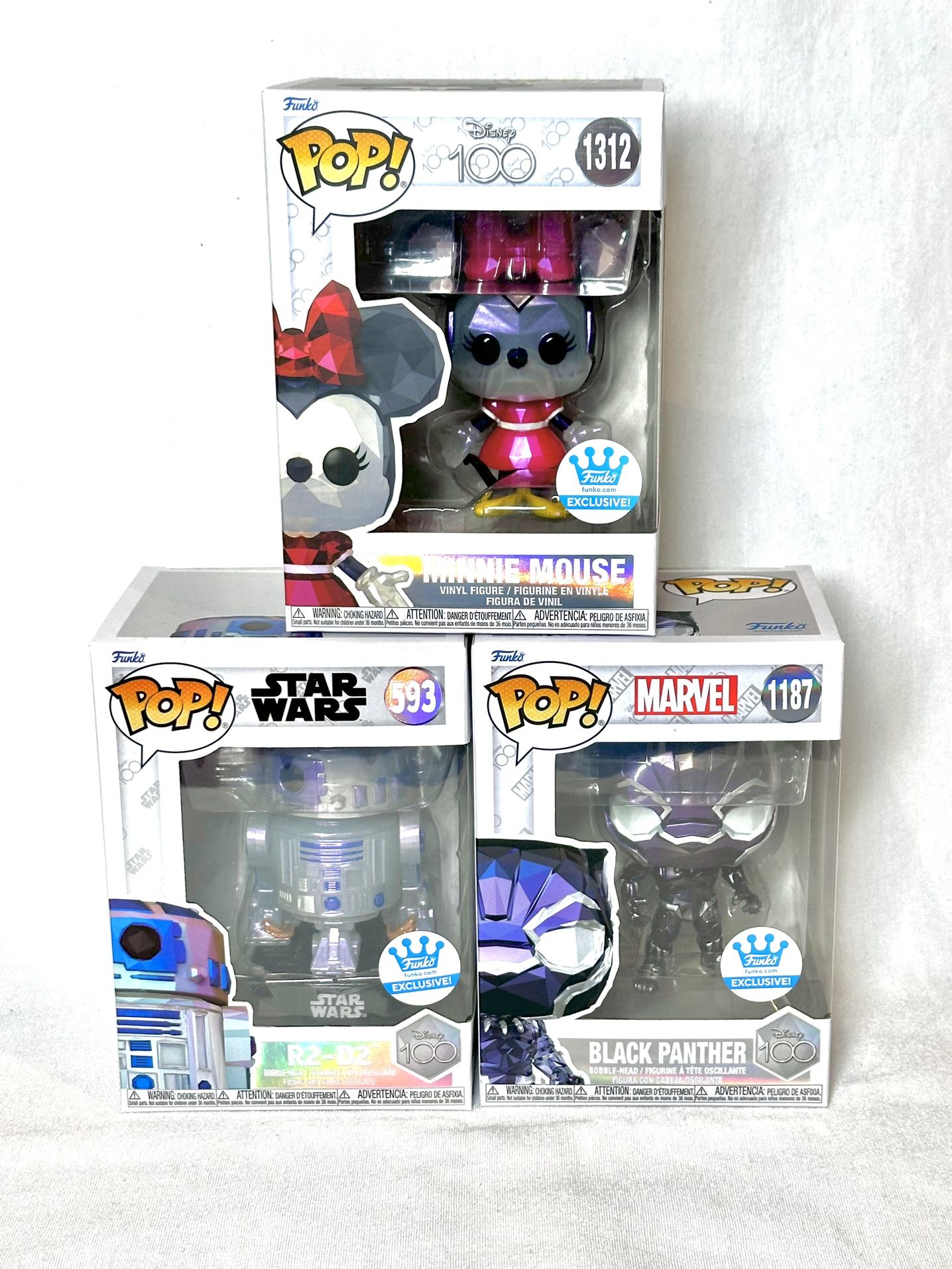3 Funko Pop! Minnie Mouse 1312, Black Panther 1187, R2-D2 593 | Disney 100 Exclusive