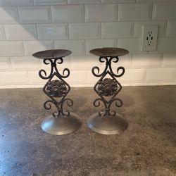 2 Scrolled Metal With Floral Design Candle Holders. 