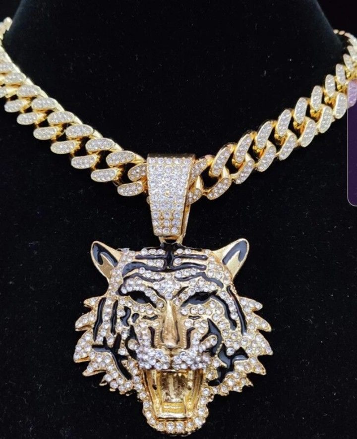 Hip Hop Tiger Pendant Necklace With 13MM MIAMI CUBAN CHAIN