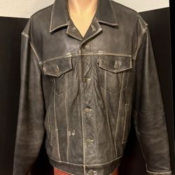 VTG Levies Leather Black Tag Trucker Jacket, Brown, XL