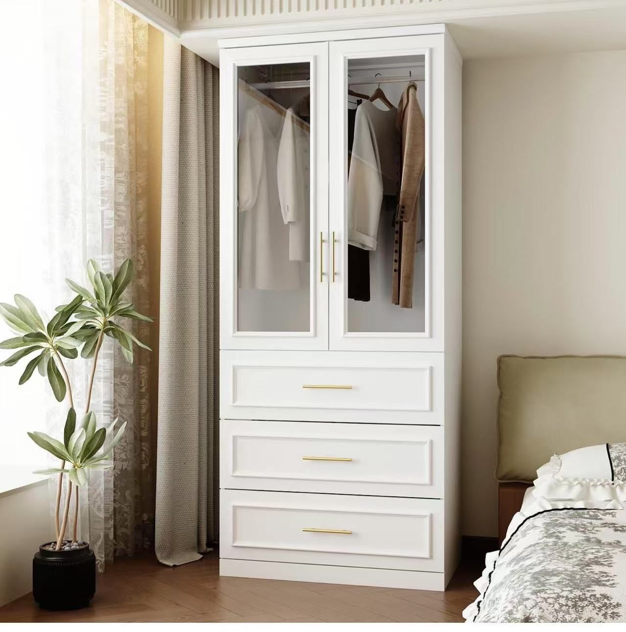 FUFU&GAGA Wardrobe Closet with Glass Doors, Modern White Bedroom Armoire with Gold Handles, Modern Clothes Storage Cabinet with 3 Drawers, Hanging Rod