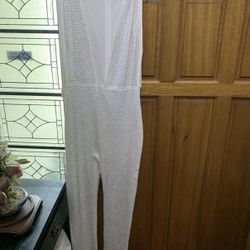 Banjul White Rhinestone Jumpsuit Deep V Cleavage Bodycon Sleeveless Club wear L