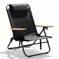 Portable Camping Chair 5-Position Recliner Beach Folding Lightweight Outdoor Chair with Wooden Armrests, Headrest, Multi-Pockets Heavy Duty 350lbs, fo