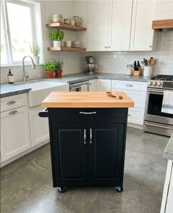 Black Rolling Kitchen Island with Butcher Block Top