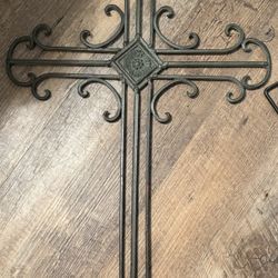 Vintage 1960s Handcrafted Goldtone Wrought Iron Steel Wall Cross