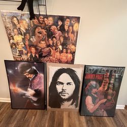Lot of 5 vintage rock posters all 36”x 24” all framed but Bob Marley. Micarelli 90’s  music print 