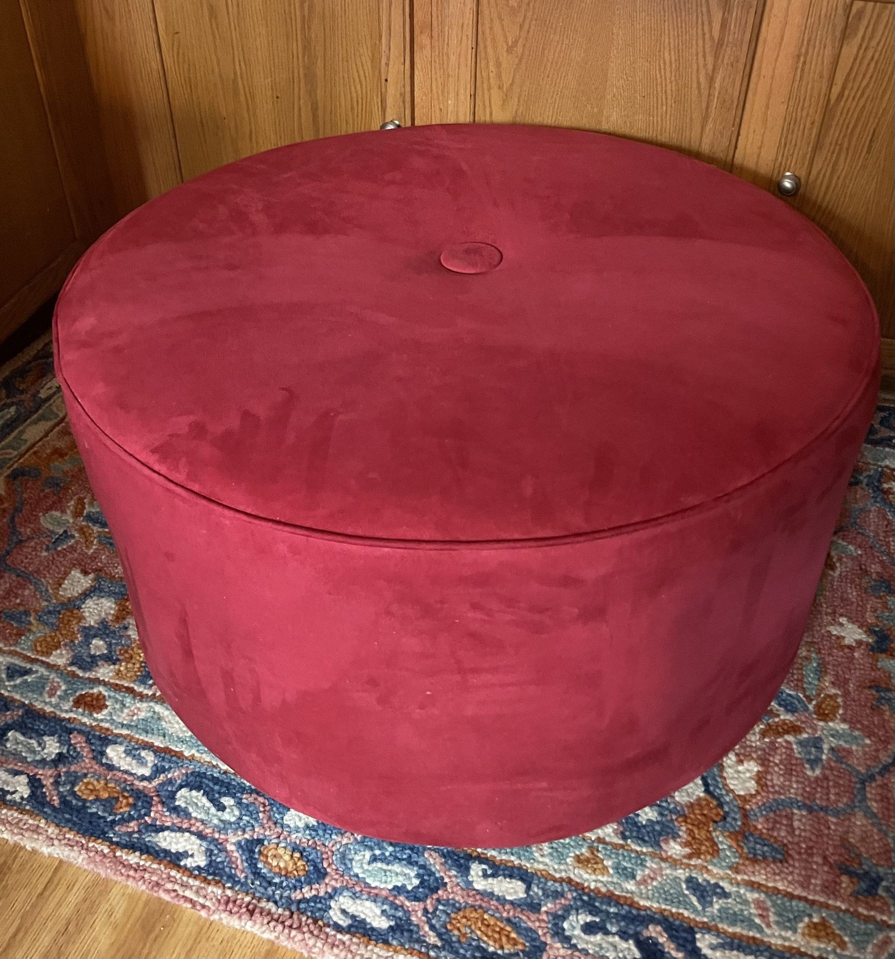 Red Velvet Ottoman With Wheels.  