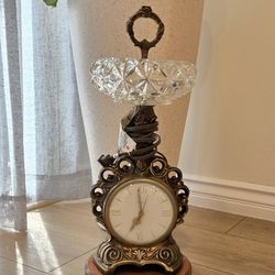 Vintage Crystal Ashtray Stand With Electric United Clock With Ornate Brass Gold Frame