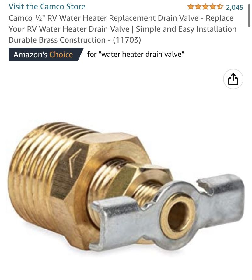 Camco ½" RV Water Heater Replacement Drain Valve - Replace Your RV Water Heater Drain Valve | Simple and Easy Installation | Durable Brass Constructio