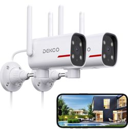 DEKCO 2 Pack Outdoor Security Camera with 2K Color Night Vision, Pan Rotating 180° Wired WiFi Camera Support 24/7 Recording, 2.4&5G WiFi, AI Human Aut