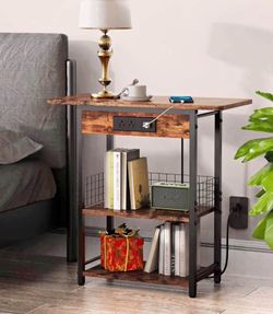 End Table with Charging Station, Narrow Side Table with USB Ports and Outlets,