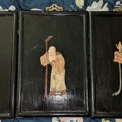 Jade Soapstone Mother Of Pearl Sculpture Wall hanging Panel Black Set Of 3