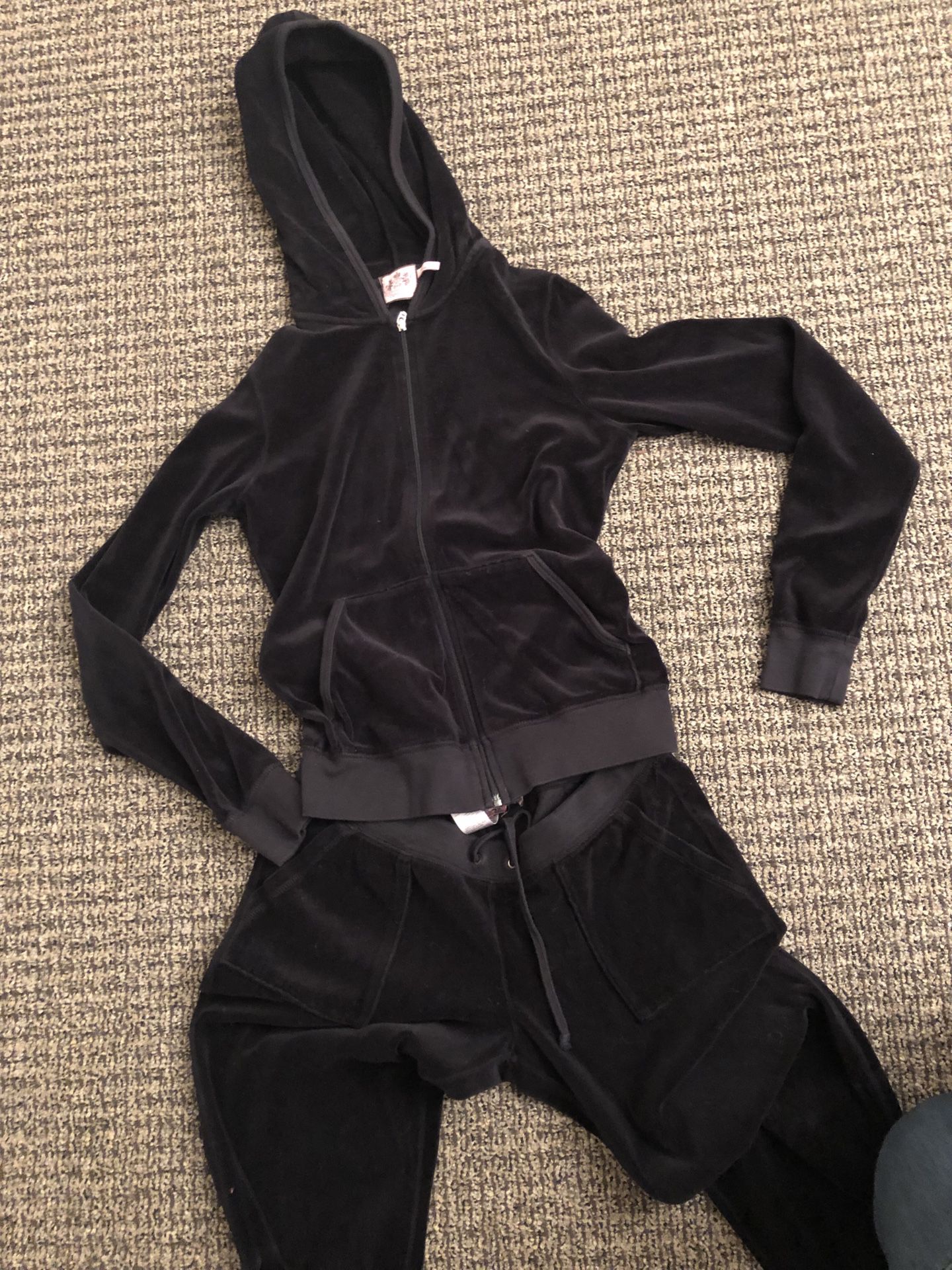 Black juicy couture tracksuit, like new, velour, top medium, bottom is medium waist short length. Women’s. Bought at Nordstrom’s. Track suit. Perfect