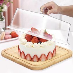 Dessert Display Tray with Clear Lid Wooden Cake