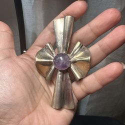 Vintage Mexico Sterling Silver Amethyst Bow Brooch