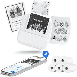 Portable Mini Thermal Bluetooth Sticker Printer – 5 Rolls Included, Ideal for Photos, Journals, and DIY Projects – Compatible with Phones & Tablets (W