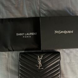 Authentic YSL Black Leather Purse with Silver Chain
