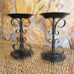 Pair Of Black Curved Scroll Metal Candle Holders With Butterfly Swirl