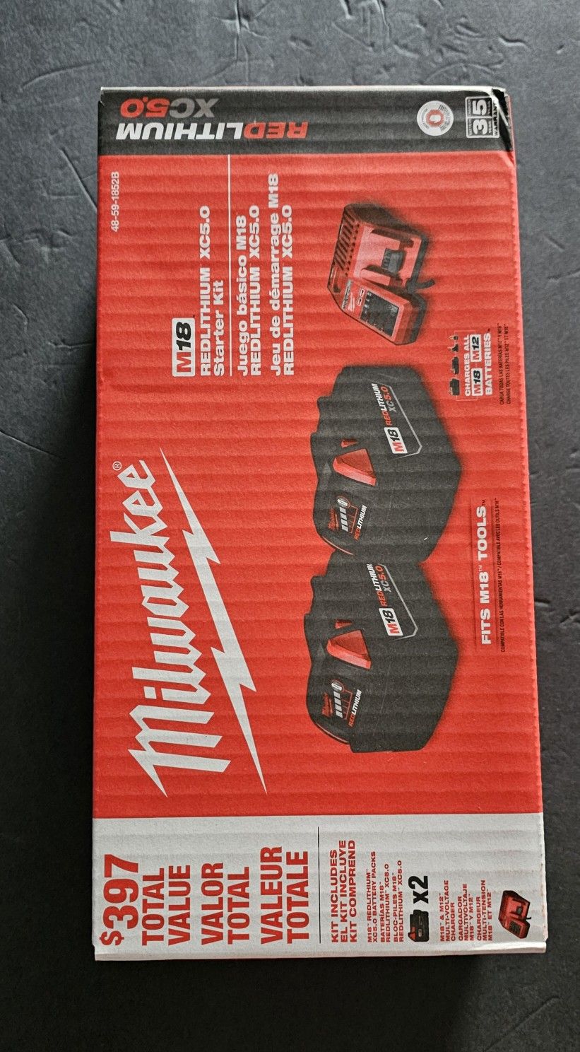 Milwaukee M18 X2 2 Pack XC5.0 Ah Starter Kit 5.0 Battery & Charger 48-59-1852B