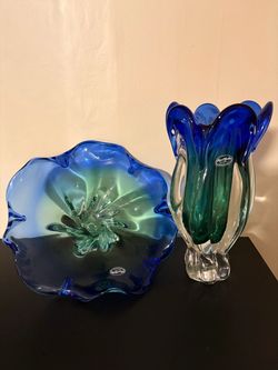 Royal Gallery Blue and Green Art Glass Vase and Bowl Set or best offer
