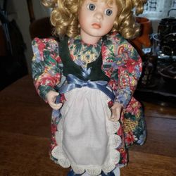 Porcelain Vintage Doll on Stand Amazing Clothes & Hair

