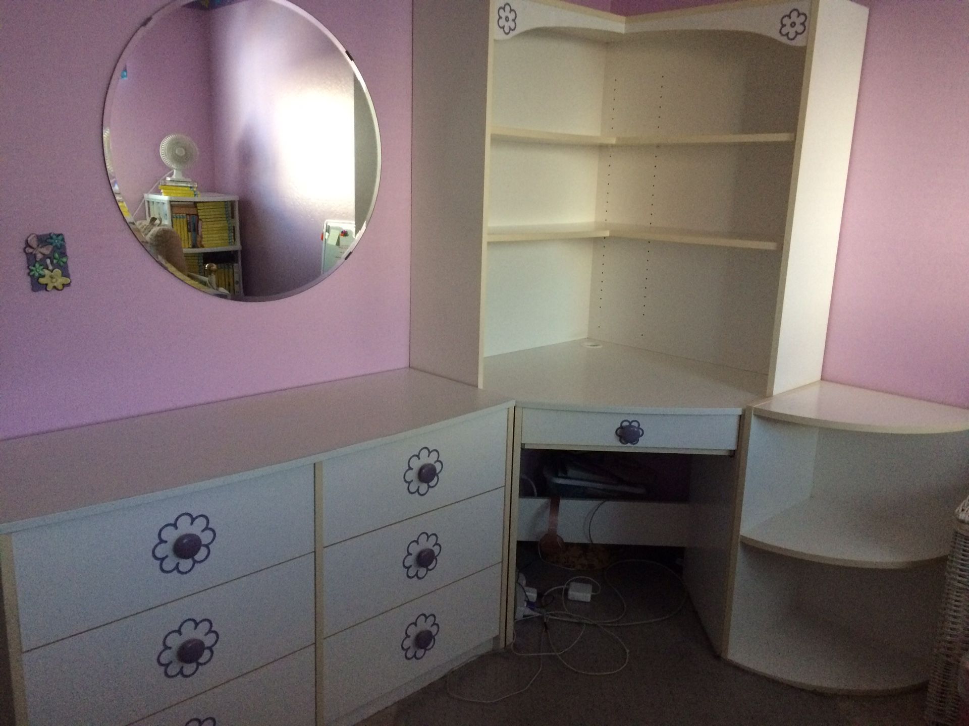 White desk, dresser, end table combo w/ bookshelf and purple flower accents