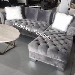 Sectional Royal Grey Velvet Tufted 