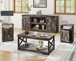 4 Piece Farmhouse Table Set: Coffee Table, 2 End Tables with Charging Stations, and a 66" TV Stand