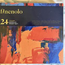 Finenolo Acrylic Paint Set - Set of 24 Colors (0.41oz/12ml) with 6 Paintbrushes, 2 Paint Canvases & 1 Palette, Rich Pigments, Non Fading, Non Toxic Pa