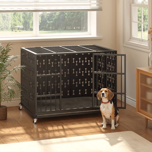 42 Inch Steel Cushion Dog Crate Heavy Duty Chew Proof Kennel for Large Dogs, XL Metal Cage with Locking Wheels 【Soft Pad Upgrade, Protecti