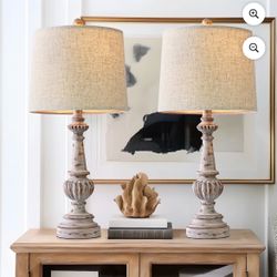 Oneach Rustic Table Lamp Set of 2 for Bedroom Living Room 24.5" Farmhouse Resin Bedside Nightstands Lamps with Linen Drum Shade