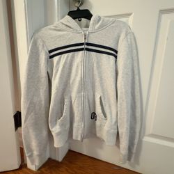 Gray Zip-Up Hoodie with Navy Stripes