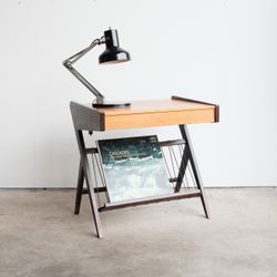 Mid Century Teak Magazine Rack Vinyl Record Table with Drawer - Made in Sweden, 1960's