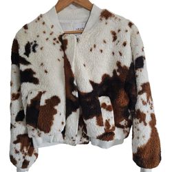 Le Lis Collection Cowprint White And Brown Bomber Jacket Size Small