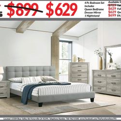 4pc Bedroom Set $629 Queen $699 Eastern King/California King Includes bedframe Dresser mirror nightstand Light Grey Bedroom Set