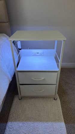 White LED (multicolor) Night Stand with Charger Station (2 USB, 2 outlets), 2 Fabric Drawers and Storage Shelf