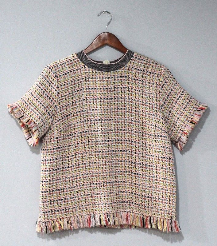 Zara Women Size XS Blouse Top Multicolor Tweed Short Sleeve Fringe Hem Crew Neck