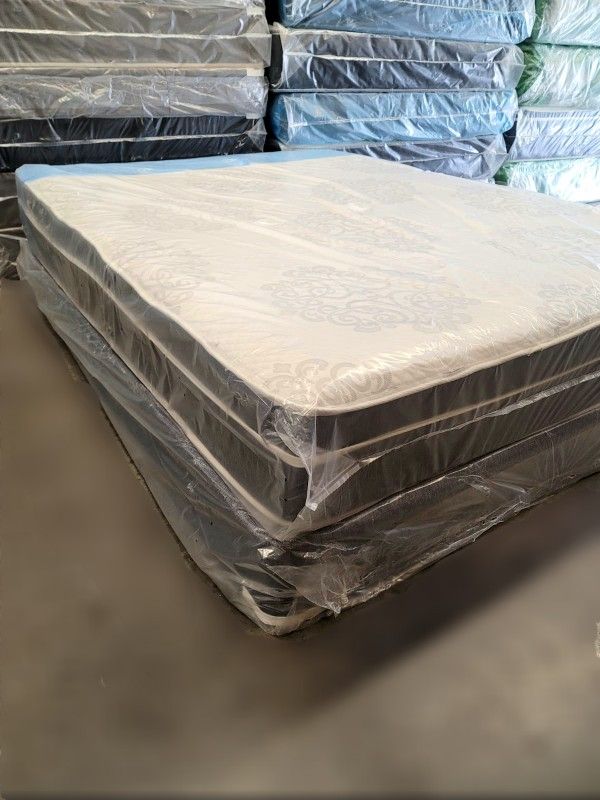 NEW QUEEN PILLOWTOP MATTRESS AND BOX SPRING 2PC bed frame not included on price