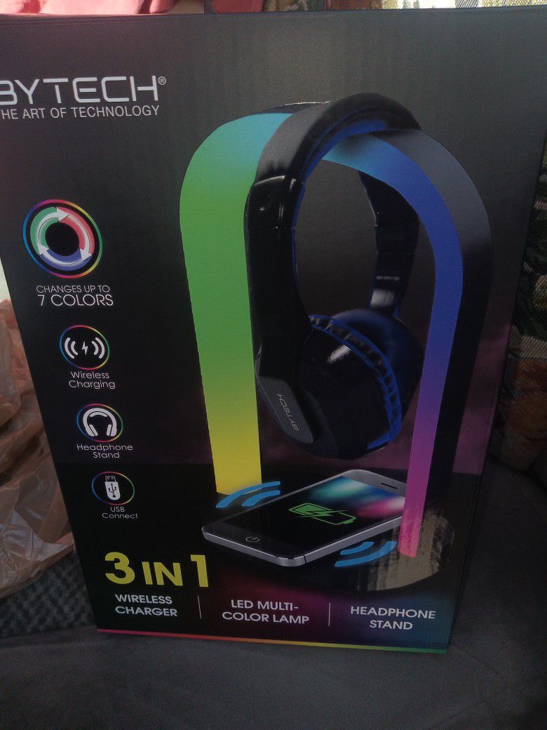 Three in one wireless phone charger multi colored lamp and headphones stand