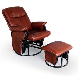 Glider Chairs Rocking Chair with Ottoman 360° Swivel Chair PU Leather Upholstered Armchair Lounge Chair Sliding Chair Set (Brown)