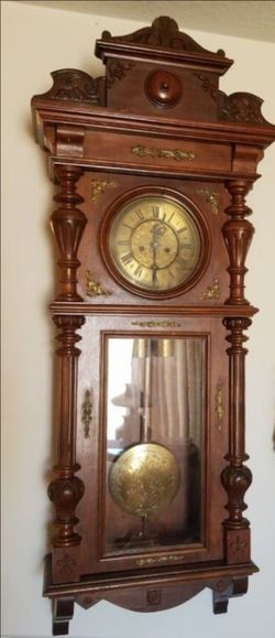 Antique Gustav Becker Wall Clock Etched Face, Weights, Pendulum -Works