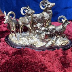 Vintage Herd of Rams(solid Brass) on Rock Hill Statue with Wooden Base.