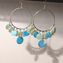 Large Turquoise Blue Shell Silver Hoop Earrings 