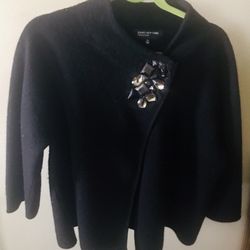 Jones New York Black Merino Wool Cardigan With Bling Decoration