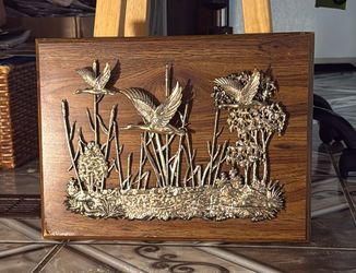 Vintage wooden wall art with 3D relief of geese in flight. 16x12