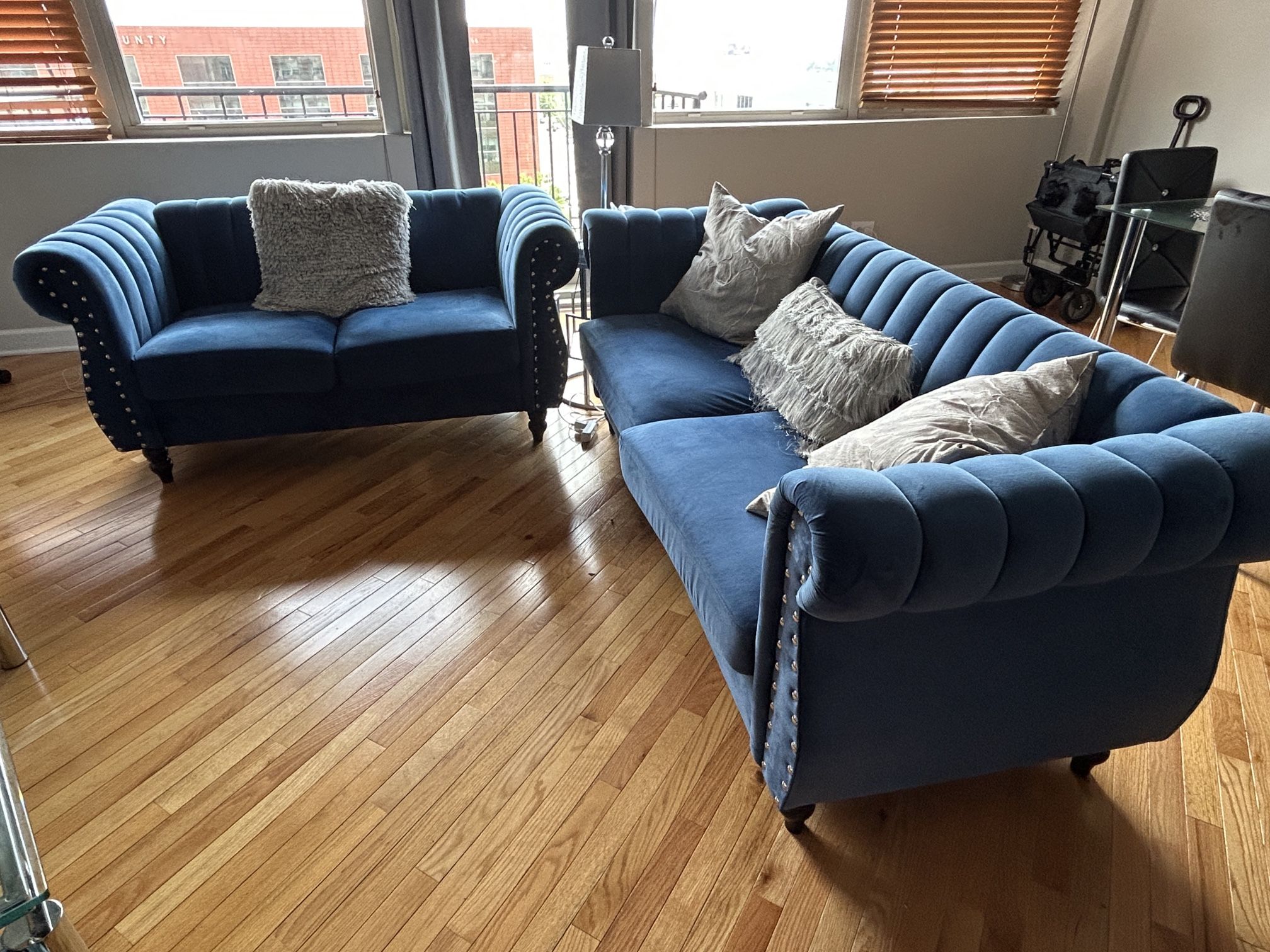 Luxurious Velvet Rolled Arm Couch AND loveseat