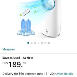 Portable evaporative air cooler, refreshes and moisturizes, Three speeds, 12-hour timer, tower fan without blades, containers for ice, remote control 