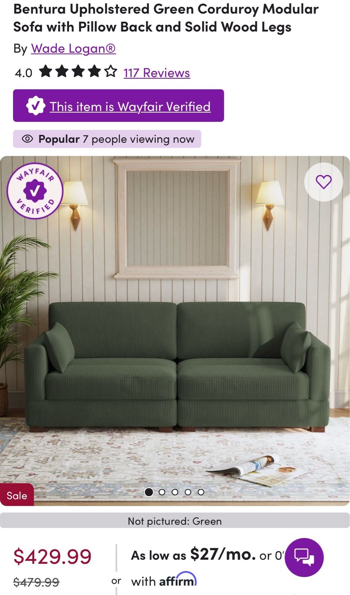 Bentura Upholstered Green Corduroy Modular Sofa by Wade Logan- PICK UP ONLY- MUST BE GONE BY 5/30/26