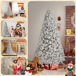 Flocked Christmas Tree 9ft Artificial Christmas Tree with 1598 PVC Branch Tips, White Snow Frosted Xmas Tree for Indoor,Outdoor, Home,Office,Party Dec