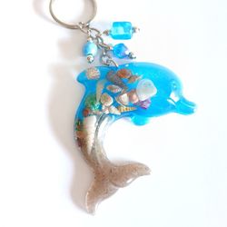 Blue dolphin seashell keychain purse charm with sand from Myrtle Beach new resin 